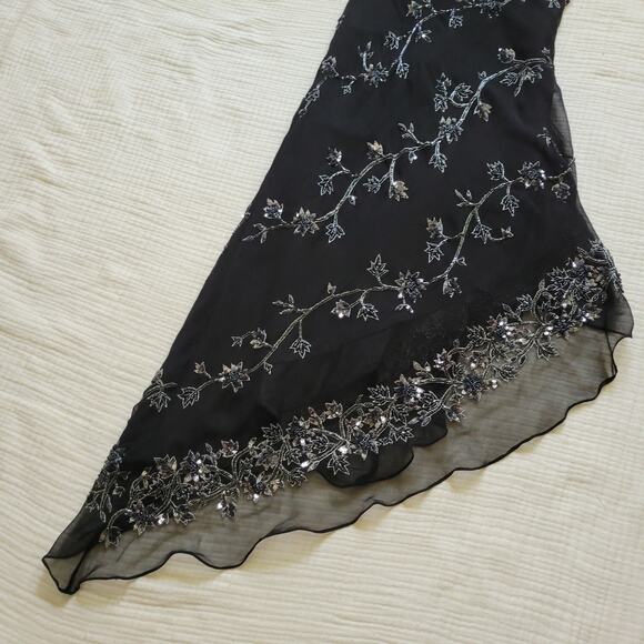 Vintage 90s Scala Sz L Black Silk OneShoulder Asymmetrical Beaded Y2K Midi Dress - Picture 3 of 10